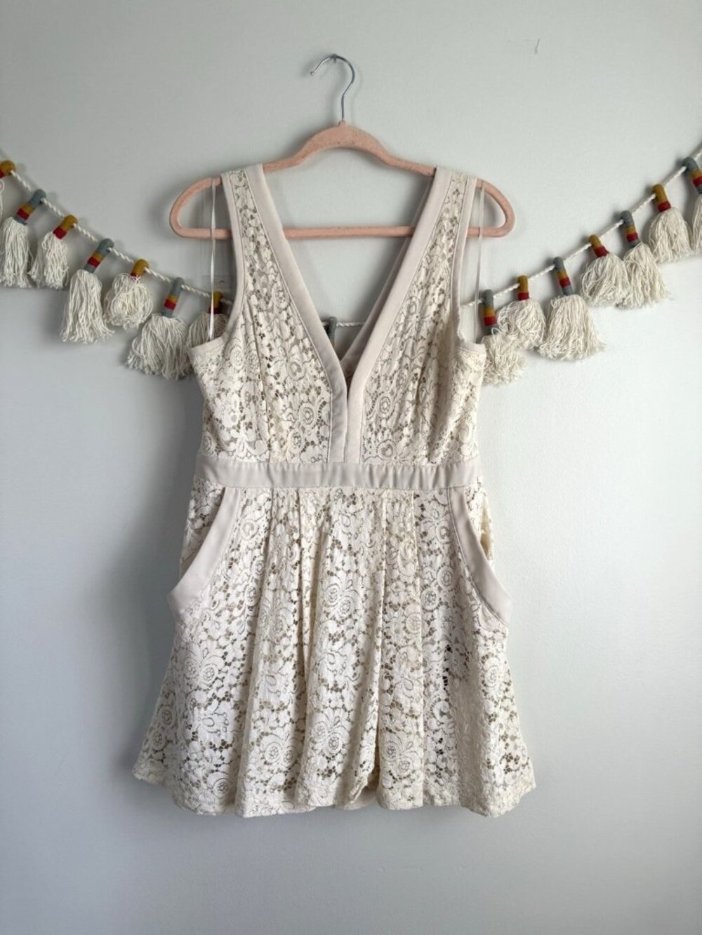 Free People Lovely In Cream Lace Cut Out Mini Dress Milkmaid Dainty Romantic L